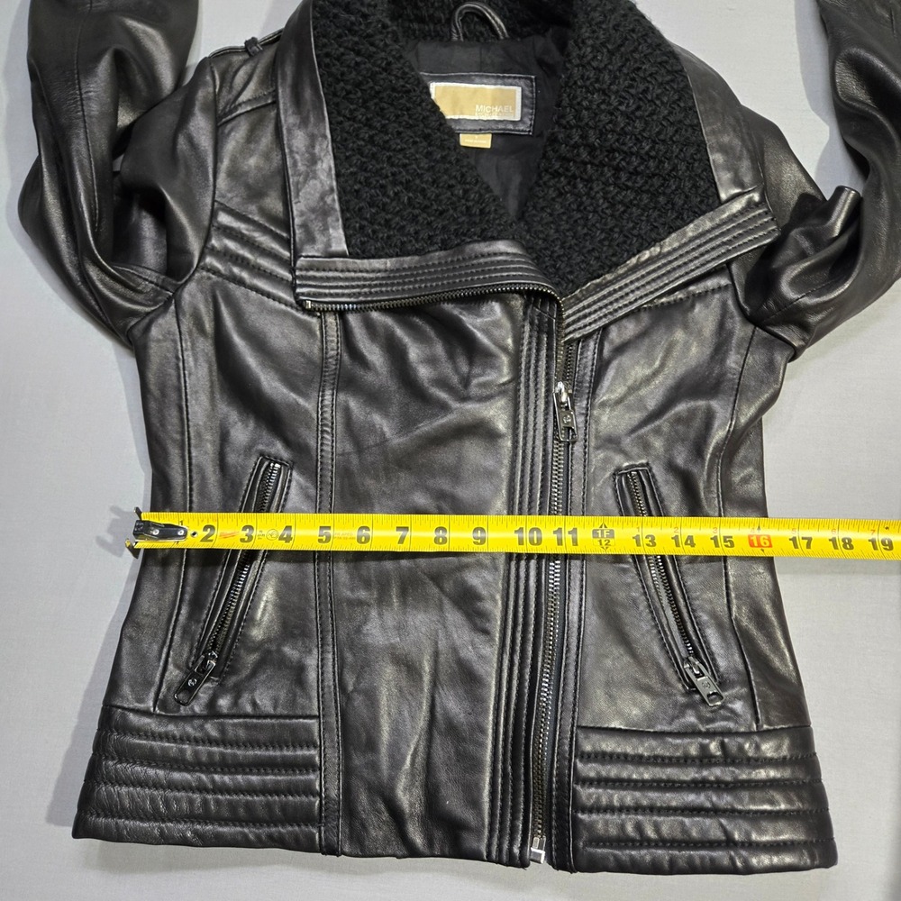 Michael Kors Real Leather Moto Jacket Small Black Asymmetrical‎ Knit Collar Punk - Picture 9 of 11